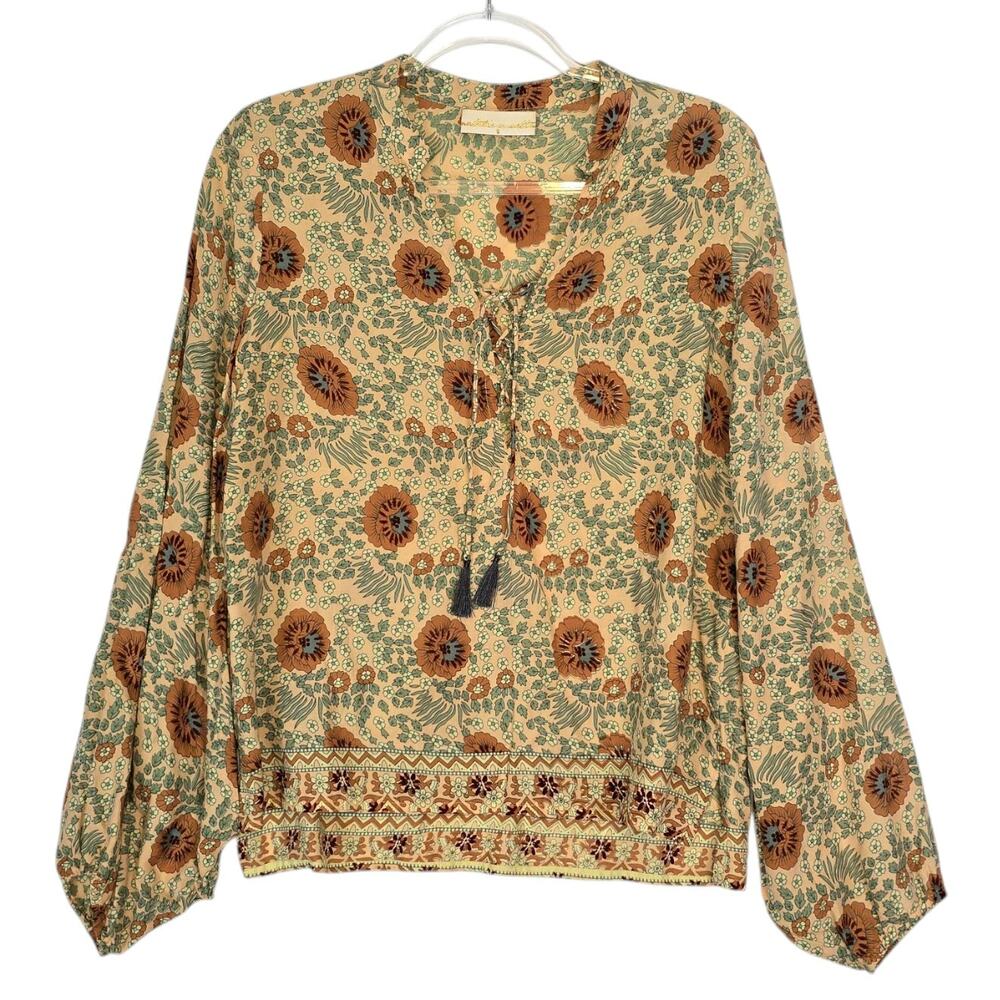 Natalie Martin Boho Peasant Top Puff Sleeve Floral Print Tie Lace Front Tassel S